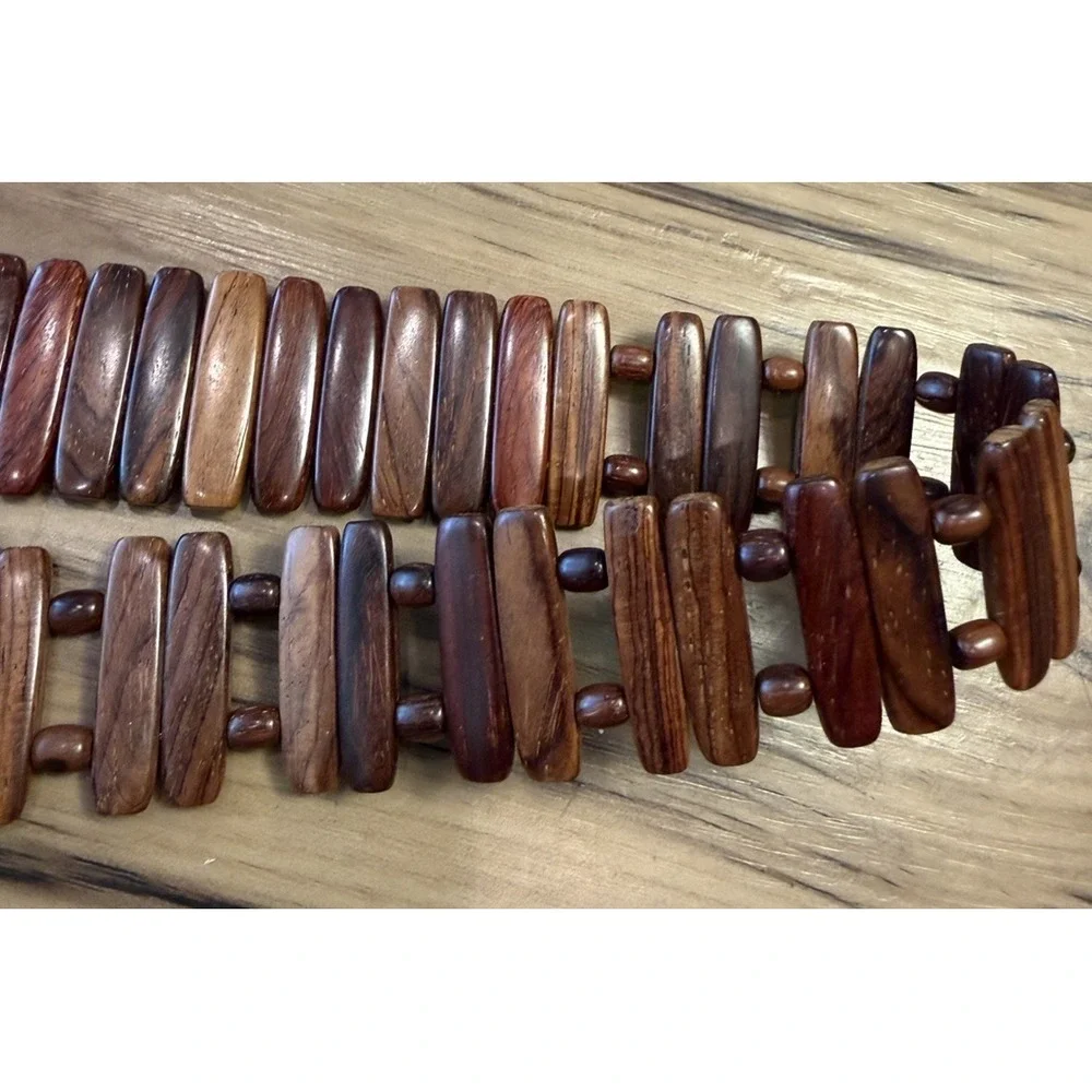 Vintage Wooden Tile Belt Boho Artisan Adjustable Wood Link Belt 38